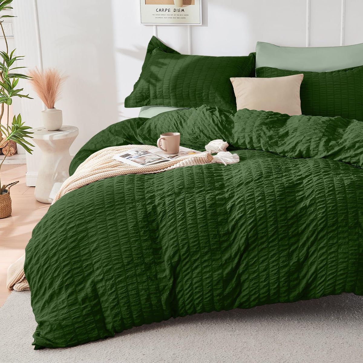 HYMOKEGE Beige Duvet Cover Queen Size, Ultra Soft 3-Piece Seersucker Duvet Cover Set with Zipper Closure, Soft Brushed Microfiber Bedding Set with 8 Corner Ties (90"x90", 2 Pillowshams)