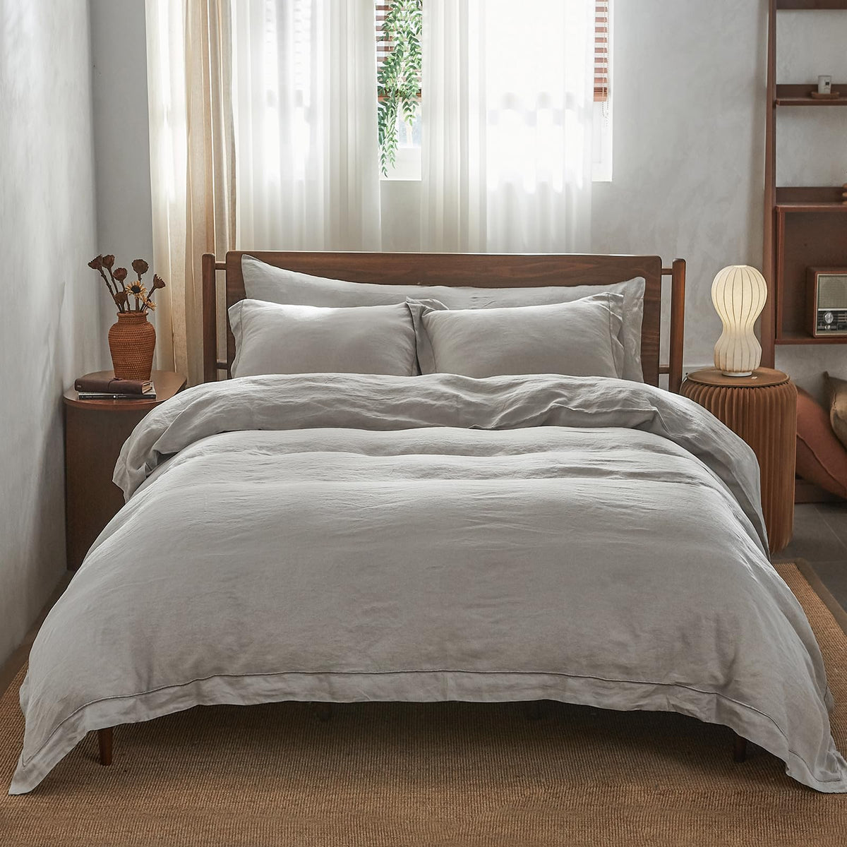 Simple&Opulence 100% French Linen Duvet Cover Set with Embroidered,3 Pcs Washed Soft Farmhouse Bedding Set with Button Closure,1 Comforter Cover and 2 Pillowshams(King,Natural Linen)