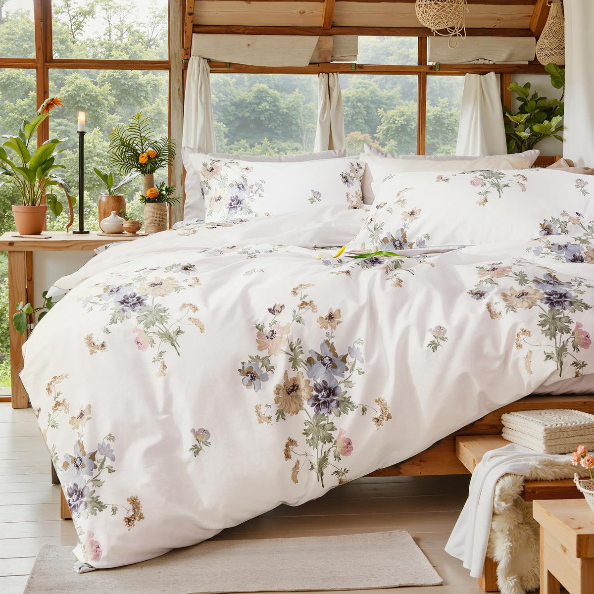 Duvet Cover Queen Size - 100% Cotton Reversible Floral Queen Duvet Cover Set with Zipper Closure, 3 Pieces Soft & Breathable Green Bedding Set for All Seasons