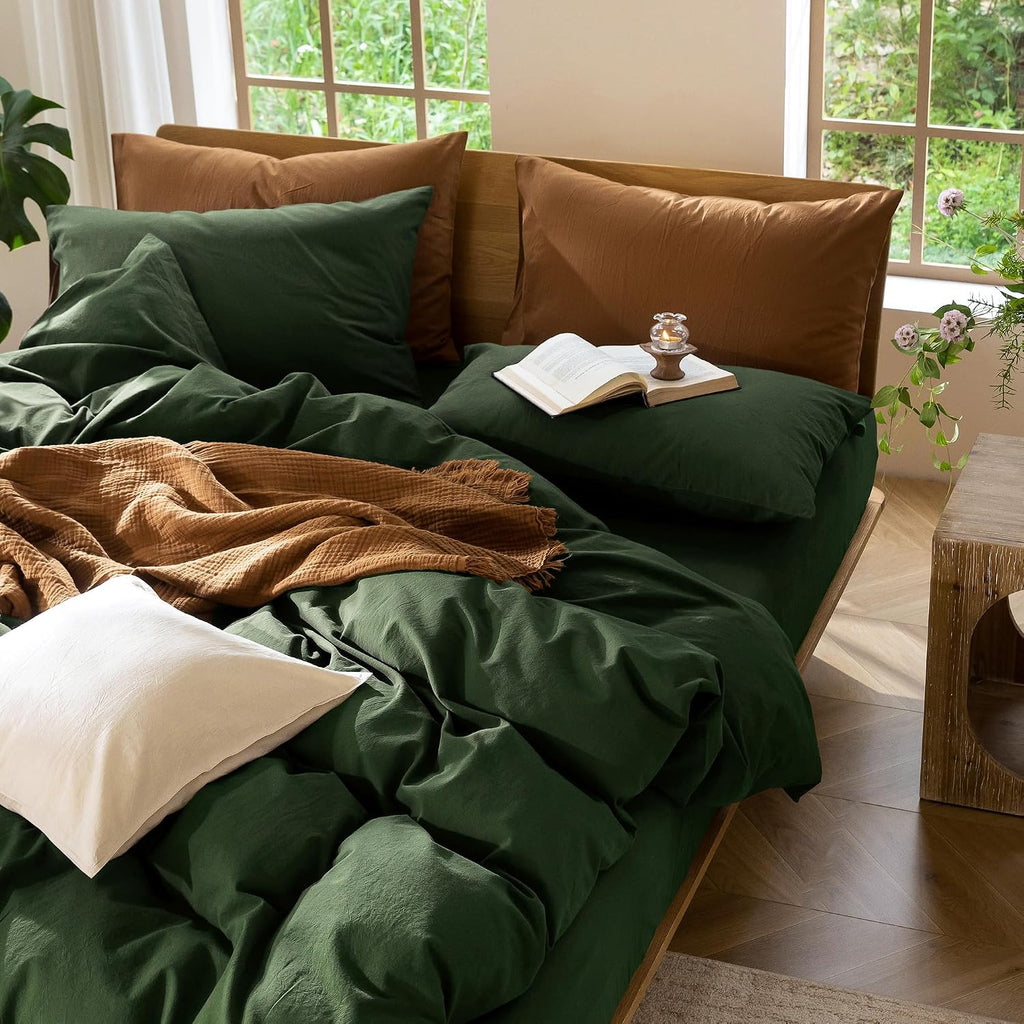 MooMee Duvet Cover Set 100% Washed Cotton Linen Like Queen