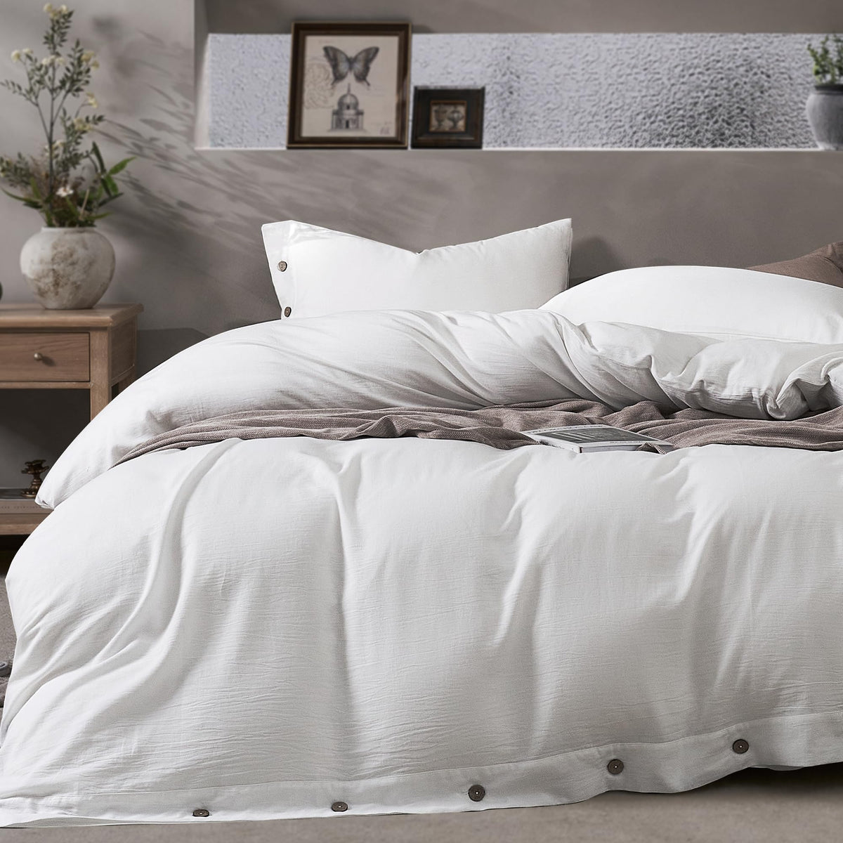 JELLYMONI 100% Washed Cotton Striped Duvet Cover Set King, Linen-Like