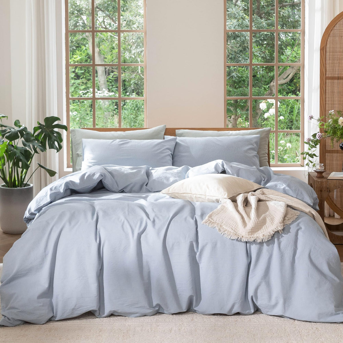 MooMee Duvet Cover Set 100% Washed Cotton Linen Like Queen