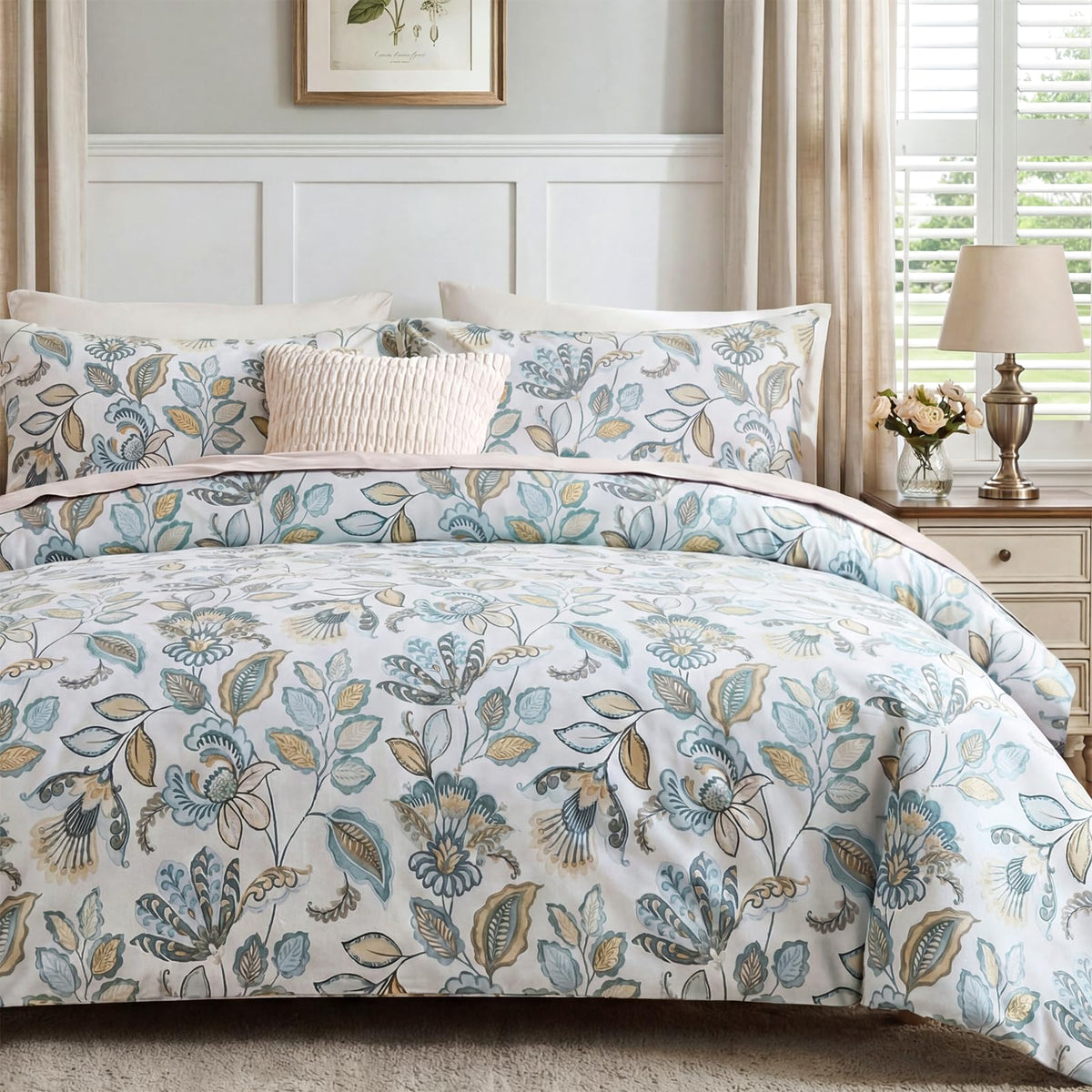 Duvet Cover Queen Size - 100% Cotton Reversible Floral Queen Duvet Cover Set with Zipper Closure, 3 Pieces Soft & Breathable Green Bedding Set for All Seasons