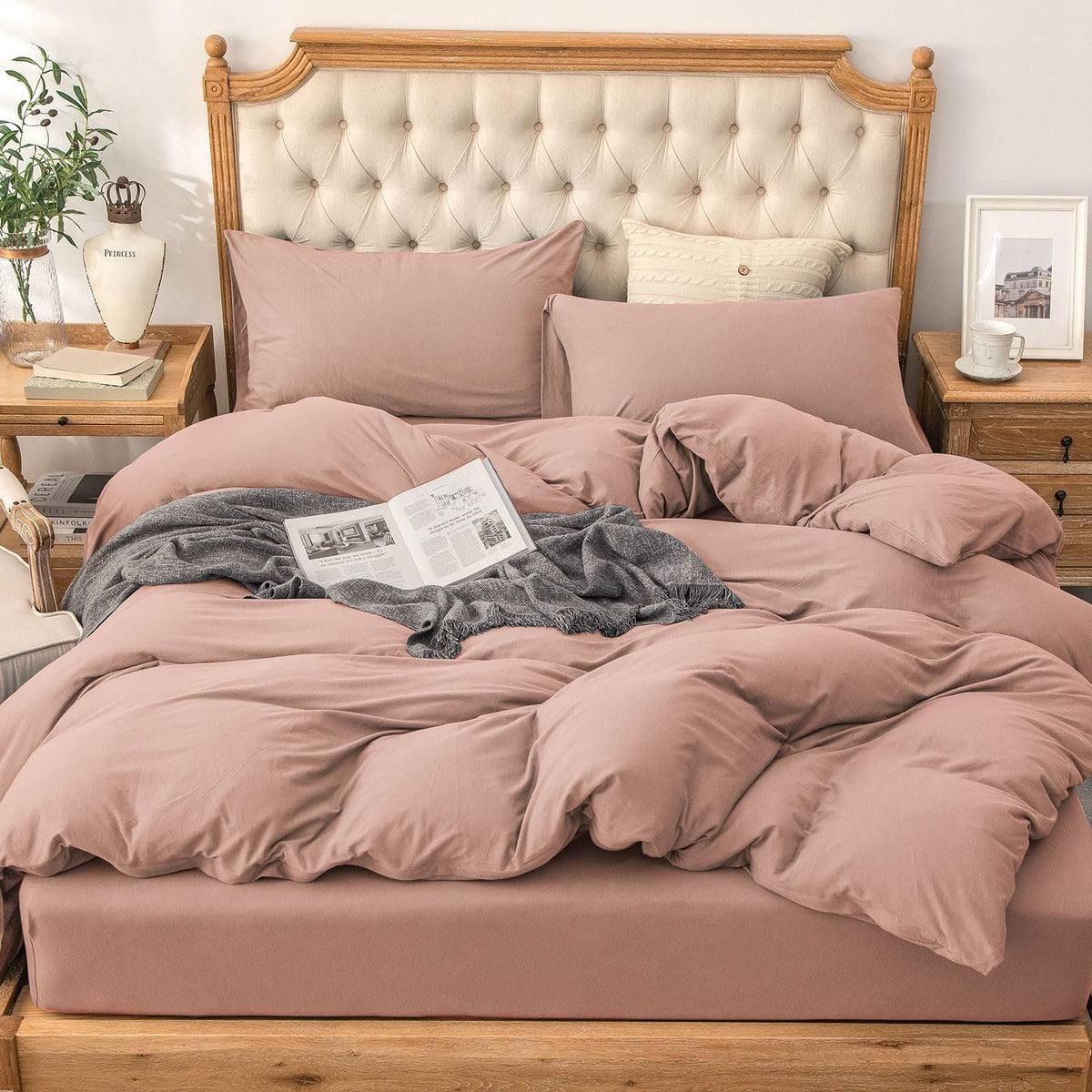PURE ERA Jersey Knit Duvet Cover Set 100% T-Shirt Cotton Super Soft Comfy 3pc Bedding Set with Zipper Closure (Heather Beige, Queen)