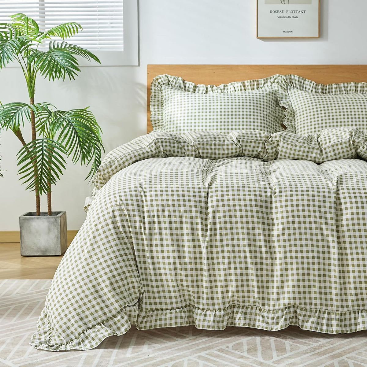 Gingham Duvet Cover Queen Size, 3 Pieces Soft Breathable Microfiber Plaid Duvet Cover with Zipper Closure & 2 Pillow Shams, Ruffle Farmhouse Vintage Decor, Sage Green
