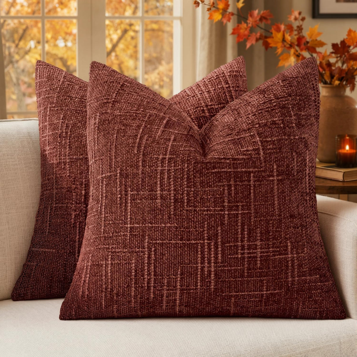 MIULEE Chenille Textured Throw Pillow Covers Cream White 20x20 Set of 2