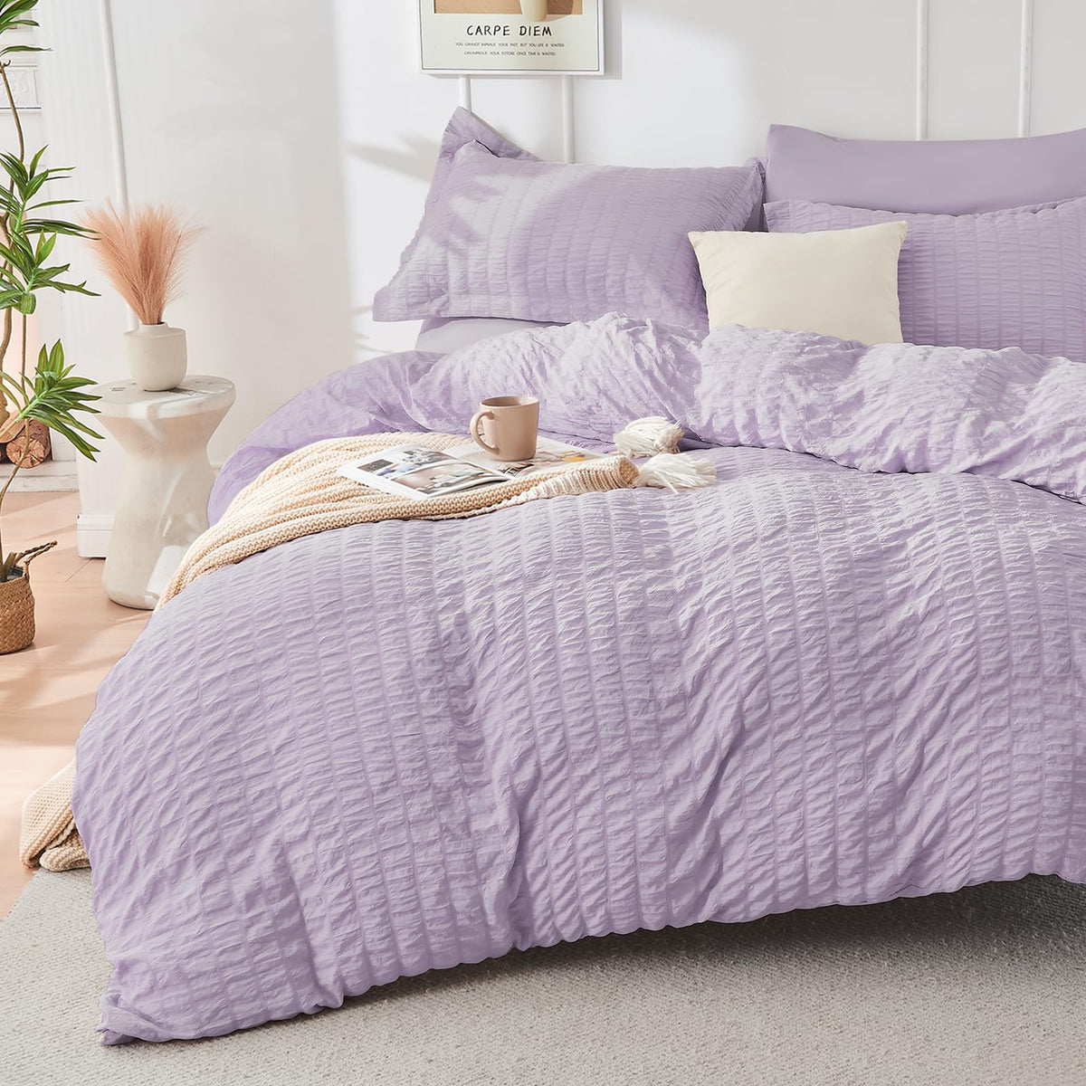 HYMOKEGE Beige Duvet Cover Queen Size, Ultra Soft 3-Piece Seersucker Duvet Cover Set with Zipper Closure, Soft Brushed Microfiber Bedding Set with 8 Corner Ties (90"x90", 2 Pillowshams)
