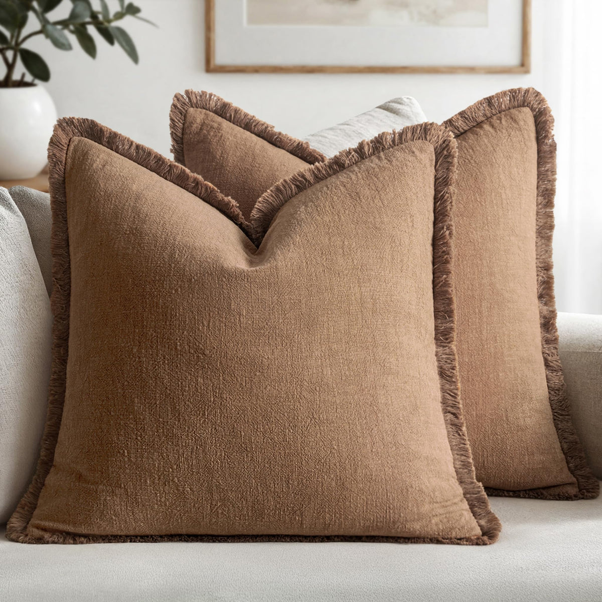 MIULEE Boho Linen Fringe Decorative Throw Pillow Covers Olive Green 20x20