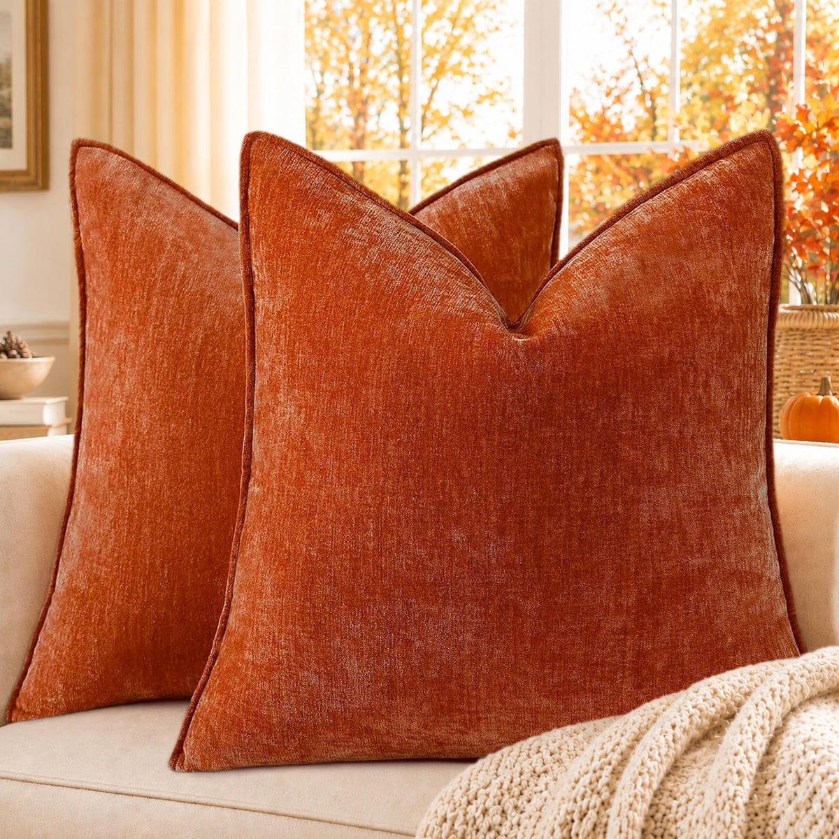 decorUhome Chenille Beige Velvet Throw Pillow Covers 20x20 Set of 2