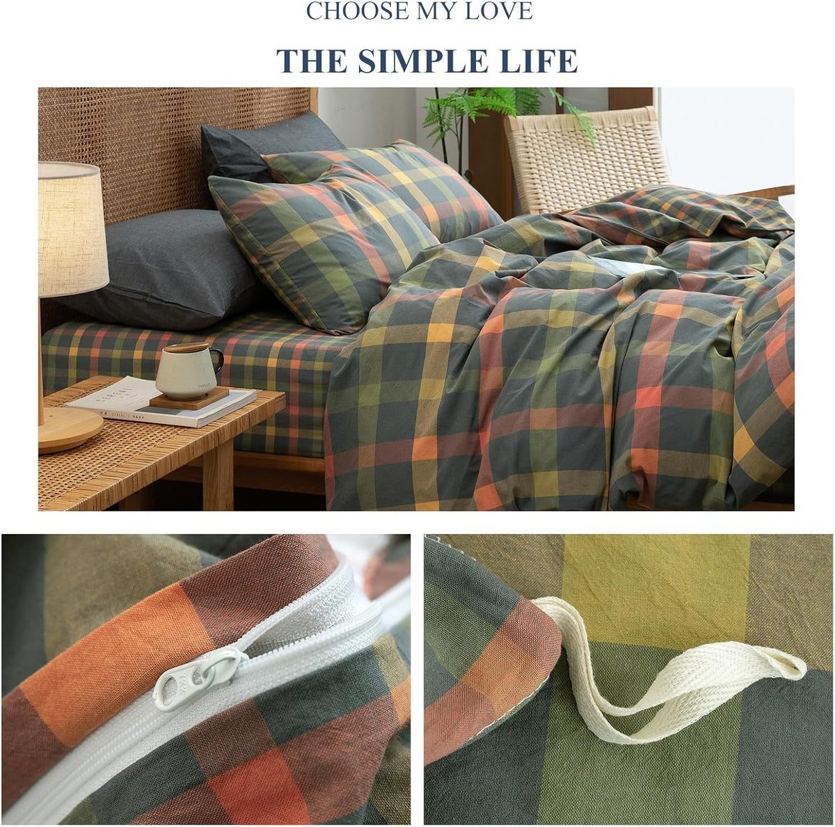 Plaid Duvet Cover Set Washed Cotton,Queen(90"x90"),Multicolor Gingham