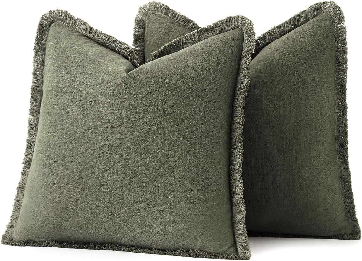 MIULEE Boho Linen Fringe Decorative Throw Pillow Covers Olive Green 20x20
