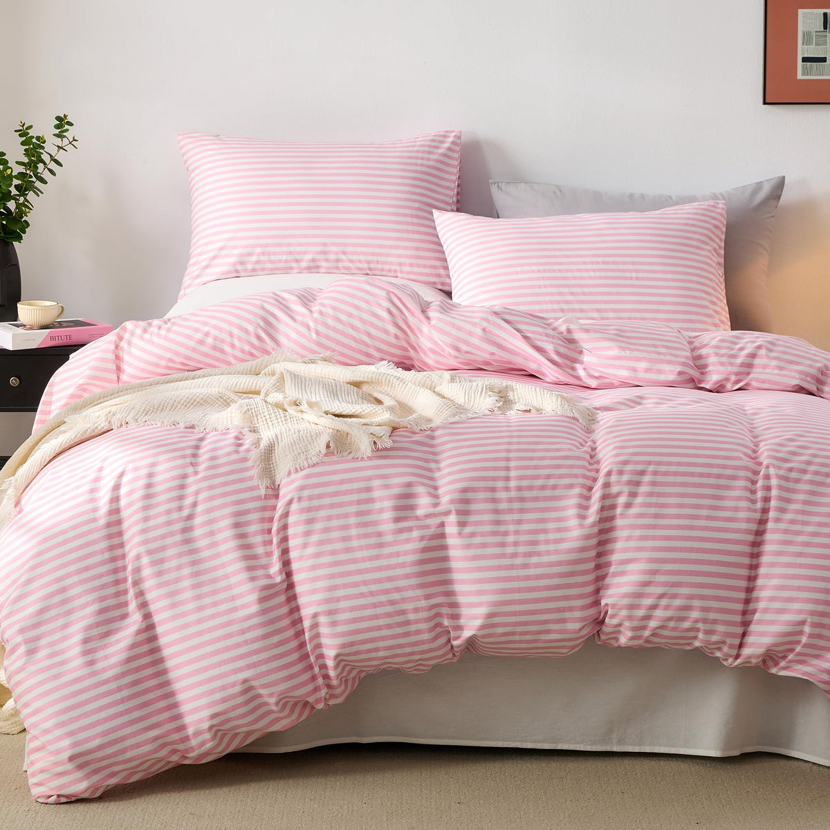 JELLYMONI 100% Cotton Classic Striped Queen Duvet Cover Set, Tan/White