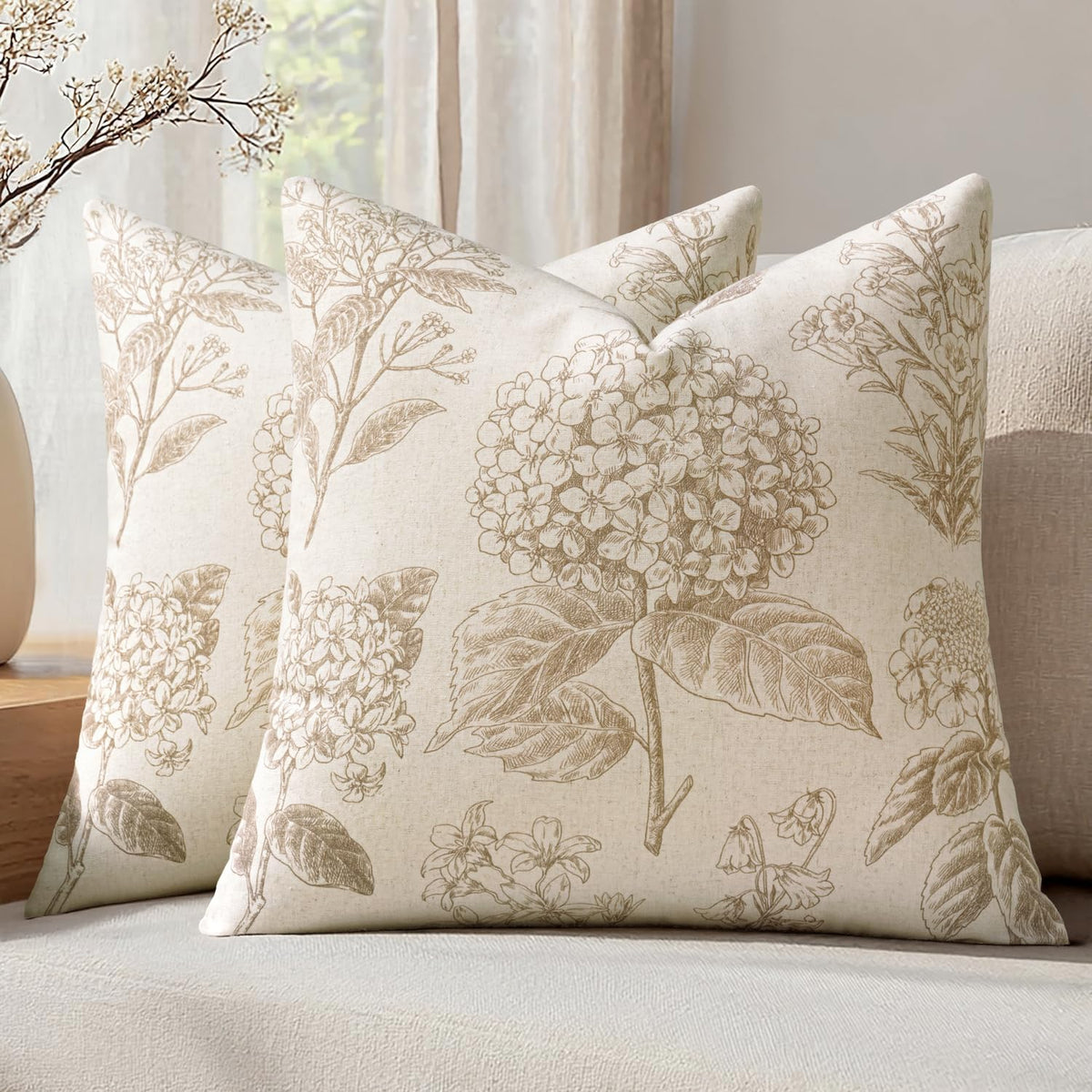 Set of 2 Decorative Floral Pillow Covers 18x18 Inch Light Brown