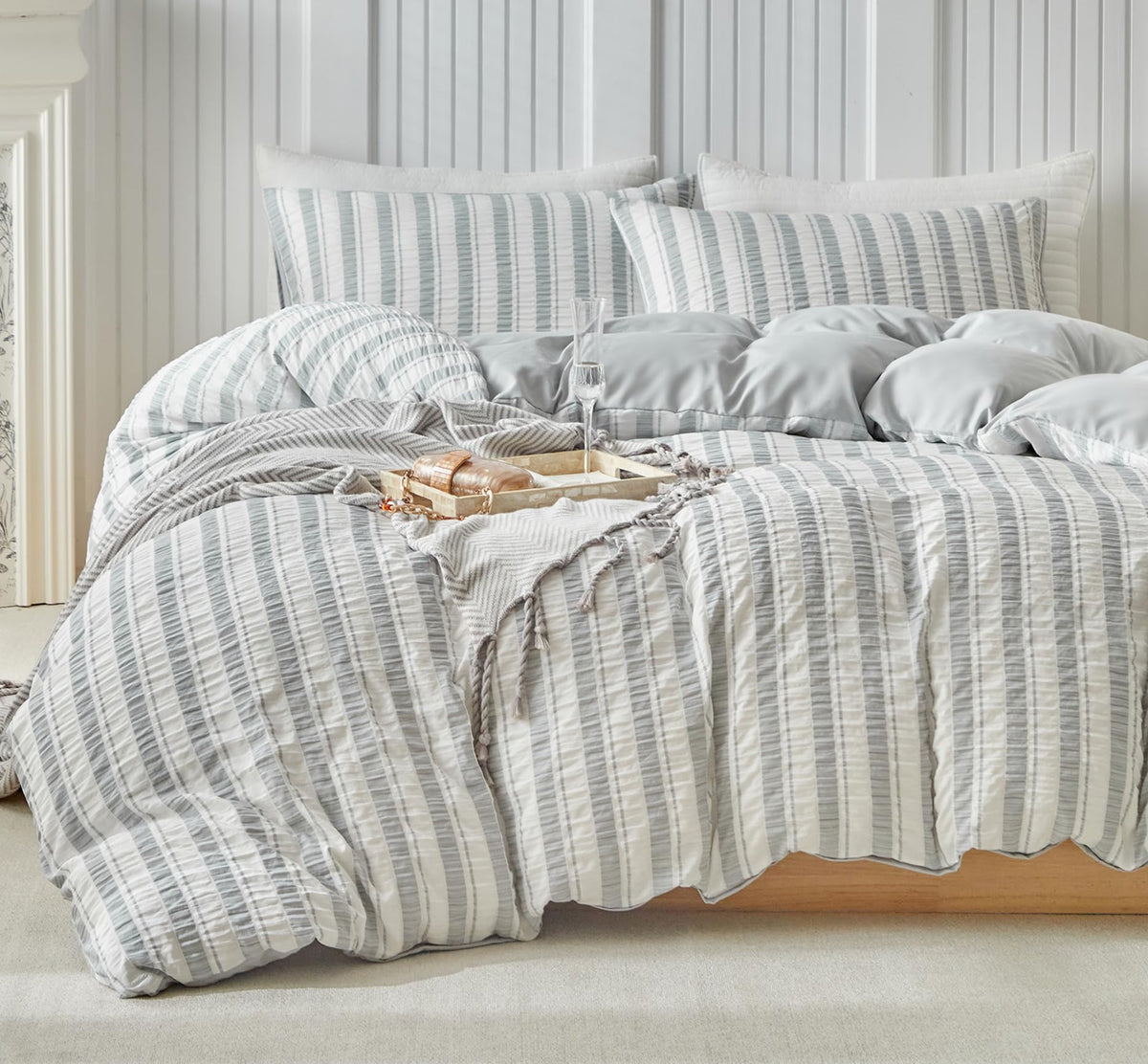 DuShow Grid King Duvet Cover Set - Tan Gingham Washed Microfiber Comforter Cover Set, 3 Pieces Plaid Checkered Soft Reversible Bedding Set(Tan,King)