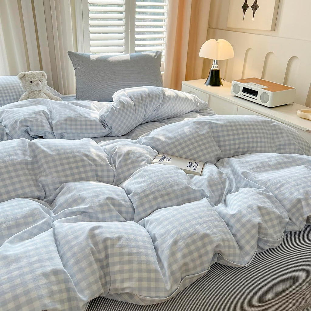 LifeTB Blue Gingham Duvet Cover Queen Size 100% Washed Cotton Blue White Plaid Checkered Duvet Cover 3 Pieces Farmhouse Grid Bedding Set Soft Breathable Gingham Comforter Cover with 2 Pillowcases