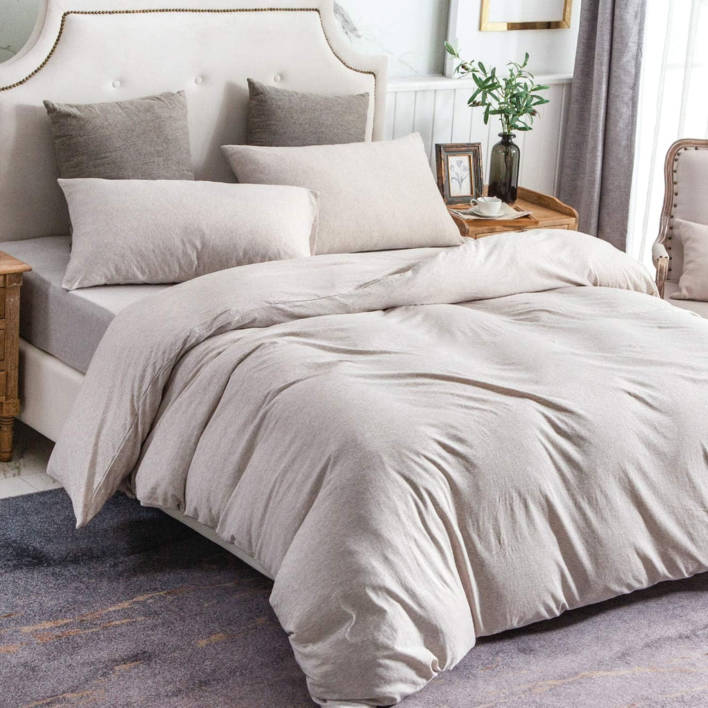 PURE ERA Jersey Knit Duvet Cover Set 100% T-Shirt Cotton Super Soft Comfy 3pc Bedding Set with Zipper Closure (Heather Beige, Queen)