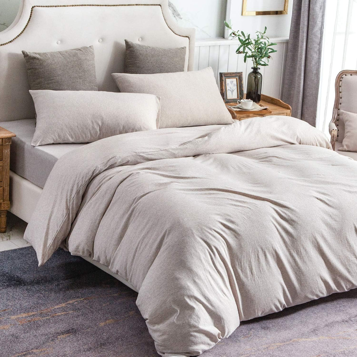 PURE ERA Jersey Knit Duvet Cover Set 100% T-Shirt Cotton Super Soft Comfy 3pc Bedding Set with Zipper Closure (Heather Beige, Queen)