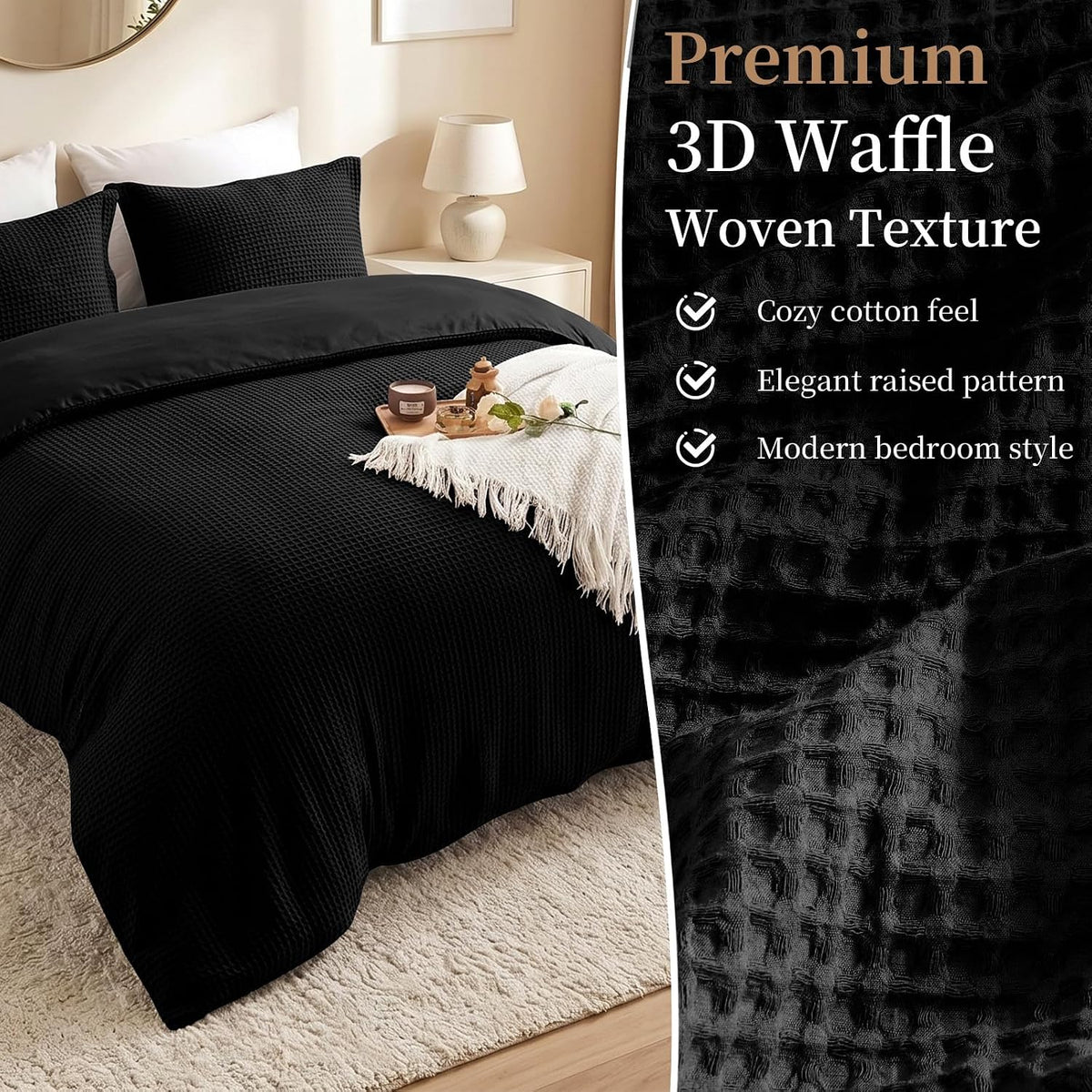 100% Cotton King Size Duvet Cover Set with 2 Pillow Shams, Black