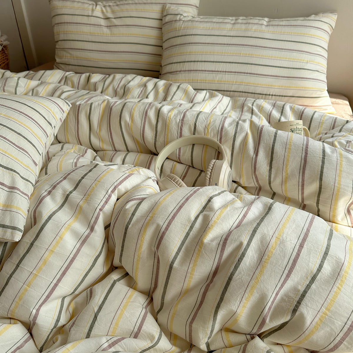 EAVD Retro Striped Duvet Cover Queen Soft 100% Washed Cotton Green Purple