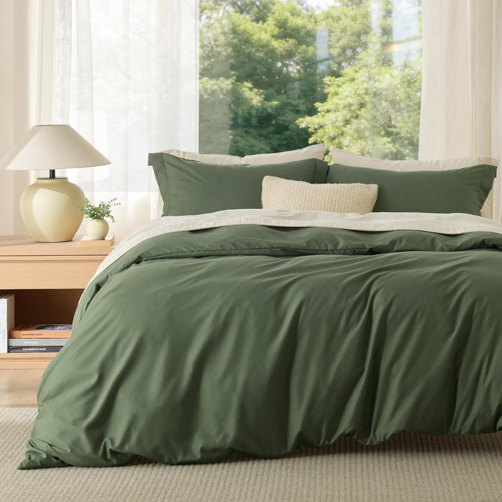 Bedsure Duvet Cover Queen Size, Double Brushed Bedding Set, Olive Green