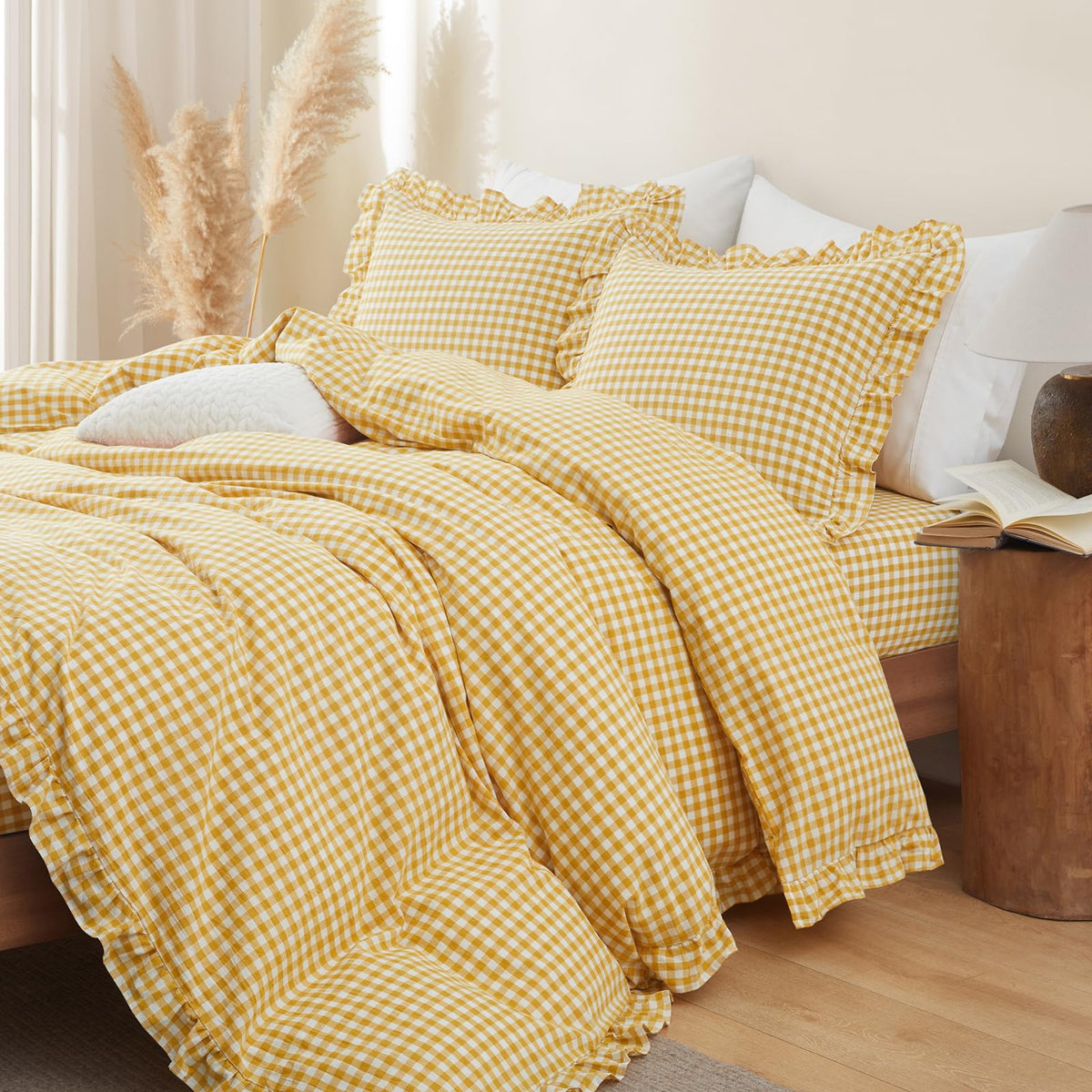 Taupe Gingham Ruffle Duvet Cover King Size 3 Piece