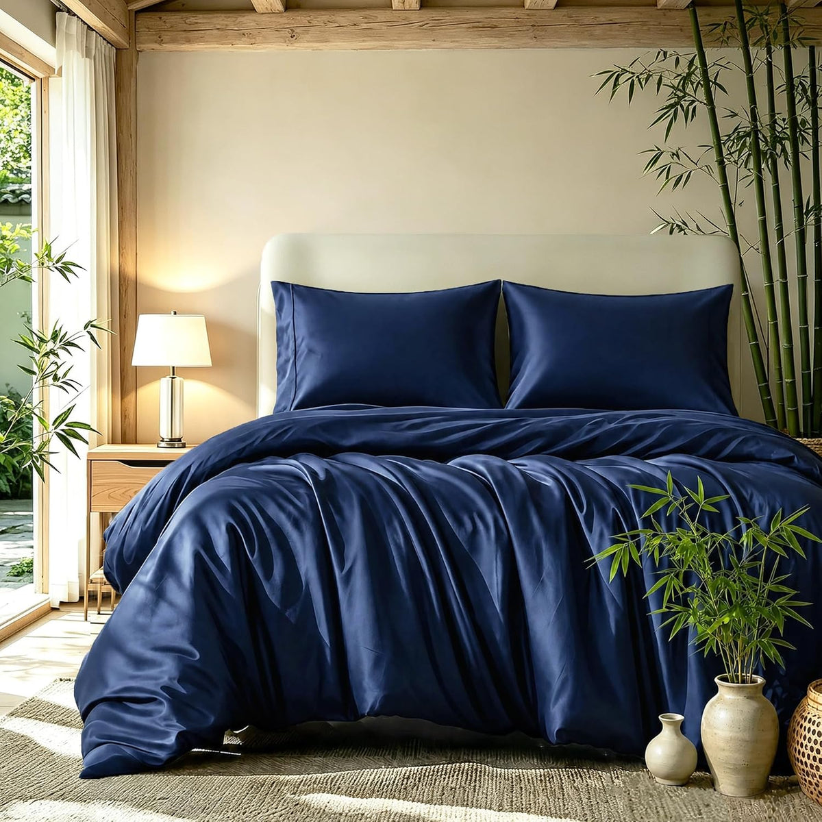 Queen Duvet Cover Set 3 Pieces, 100% Organic Viscose derived from Bamboo, Luxuriously Soft & Cooling, 1 Duvet Cover and 2 Pillowcases, 90" x 90"(Queen, Navy)