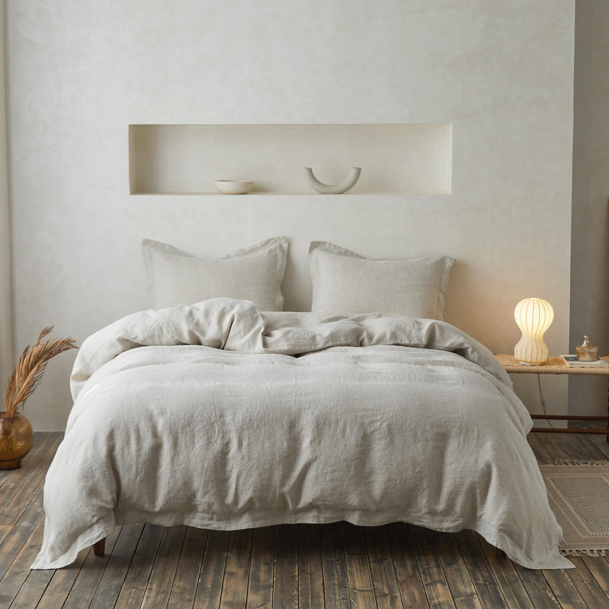 Simple&Opulence 100% French Flax Linen Duvet Cover Set with Embroidery Washed - 3 Pieces (1 Duvet Cover with 2 Pillow Shams) with Button Closure Soft Breathable Farmhouse - Linen, King Size