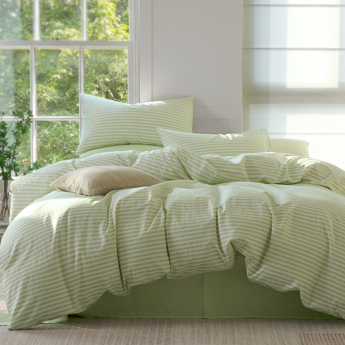 JELLYMONI 100% Cotton Classic Striped Queen Duvet Cover Set, Tan/White