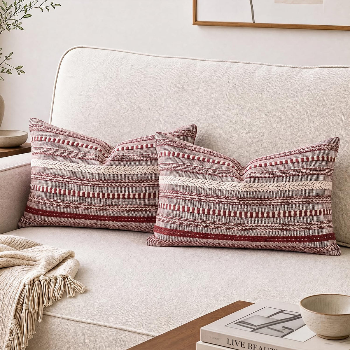 AVOIN colorlife Pink Boho Decorative Throw Pillow Covers Set of 2, 18 x 18 Inch Woven Stripe Textured Rustic Cushion Case Home Decor for Living Room Couch Sofa