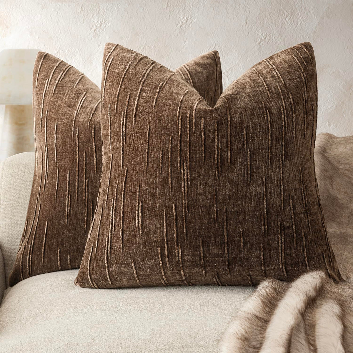 Foindtower Pack of 2 Slubby Textured Chenille Throw Decorative Pillow Covers Square Accent Solid Cushion Cover Soft Farmhouse Pillow Case for Couch Sofa Bedroom Living Room 20x20 Inch,Dark Olive Green