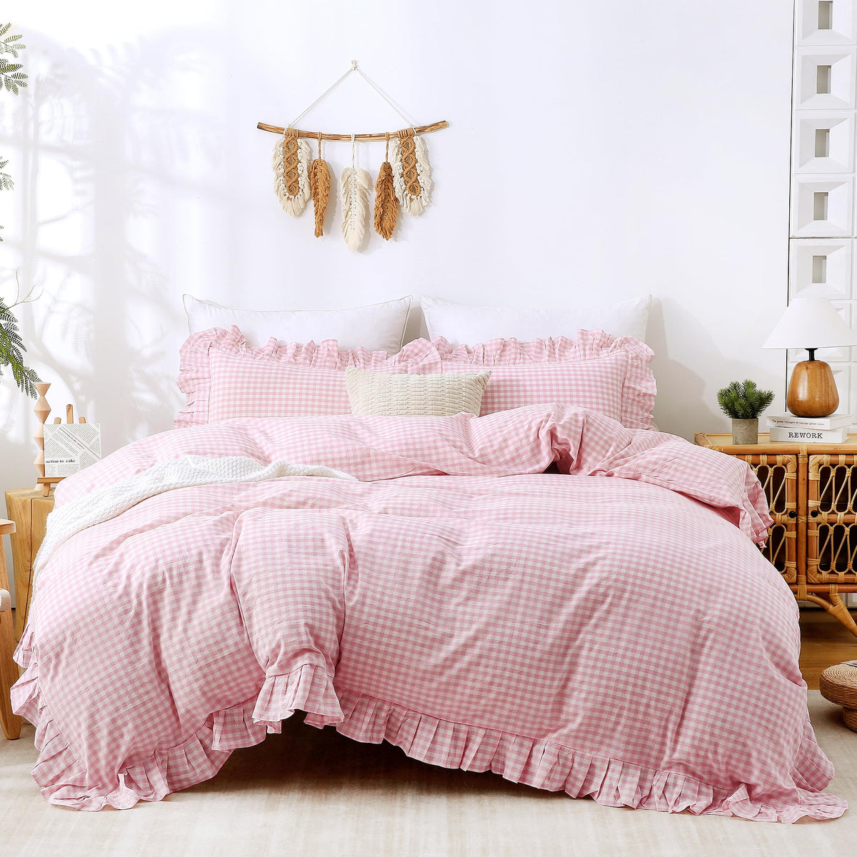 ATsense Tan Gingham Ruffle Duvet Cover Bedding Set Cotton Like Linen, Queen