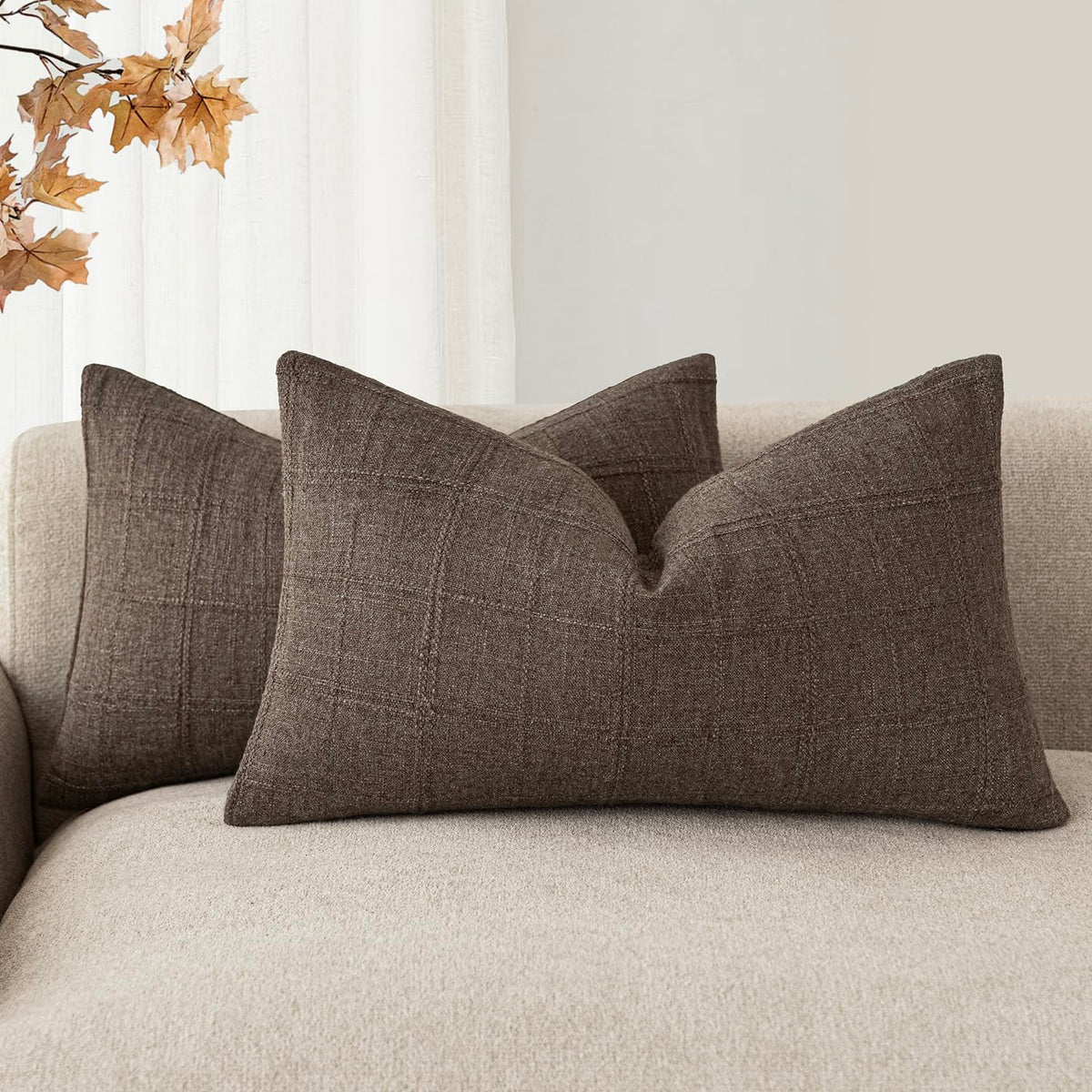Foindtower Boho Linen Check Decorative Throw Pillow Cover 18×18 Olive Green