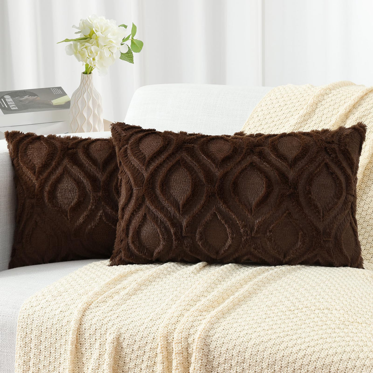 decorUhome Faux Fur Plush Soft Rust Throw Pillow Covers 18x18 Set of 2