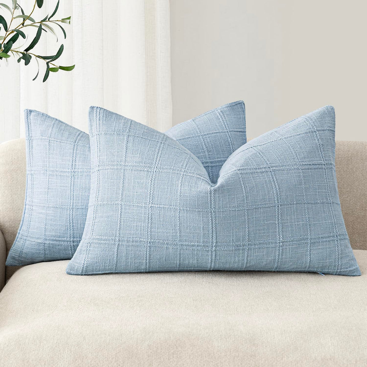 Foindtower Boho Linen Check Decorative Throw Pillow Cover 18×18 Olive Green