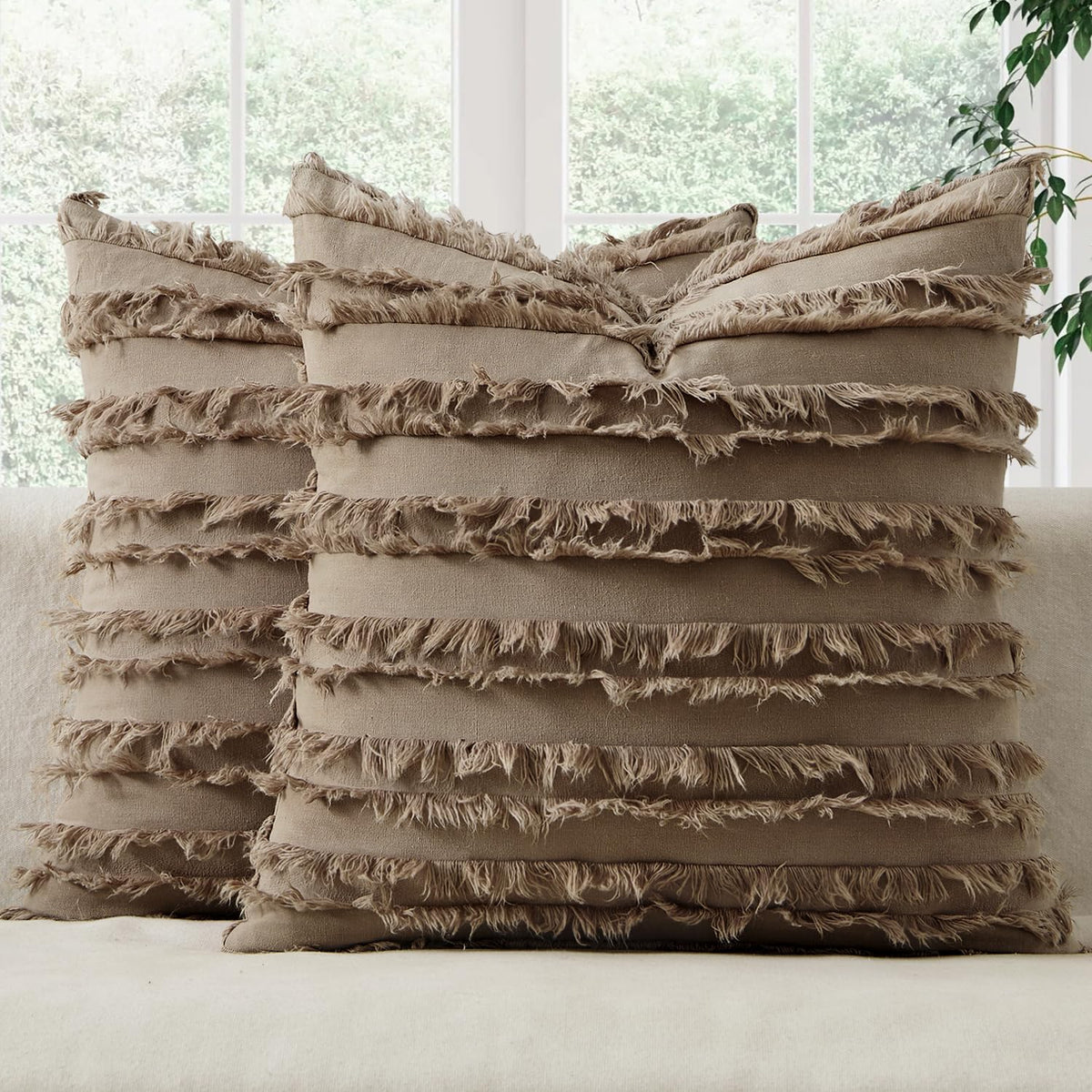 MIULEE Boho Linen Striped Throw Pillow Covers 18x18, Neutral Beige