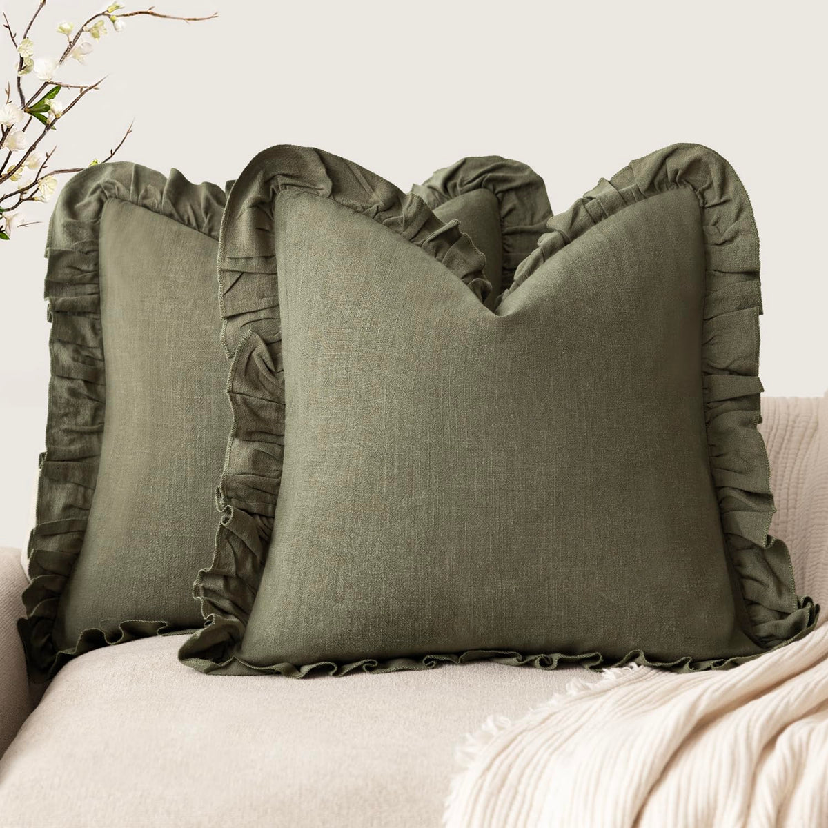 Foindtower Set of 2 Decorative Soild Fringe Ruffle Throw Pillow Covers Soft Boho Farmhouse Cushion Cover Cozy Accent Retro Pillowcase for Couch Sofa Bed Living Room Home Decor,18×18 Inch,Natural Beige