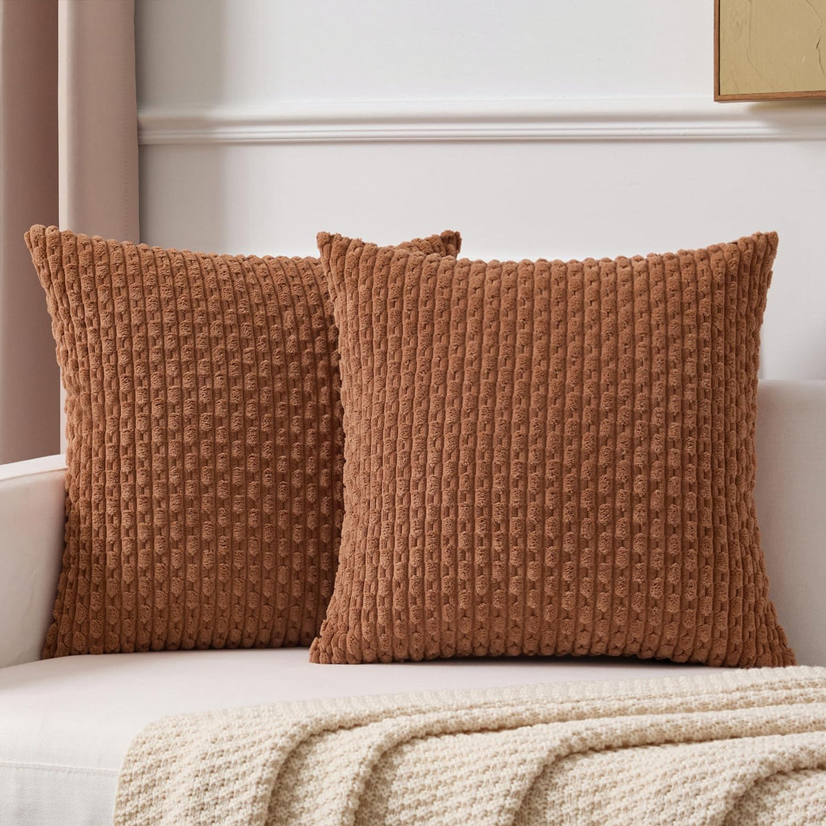 Kevin Textile Soft Corduroy 18x18 Inch Pillow Covers 2 Pack, Burnt Brick