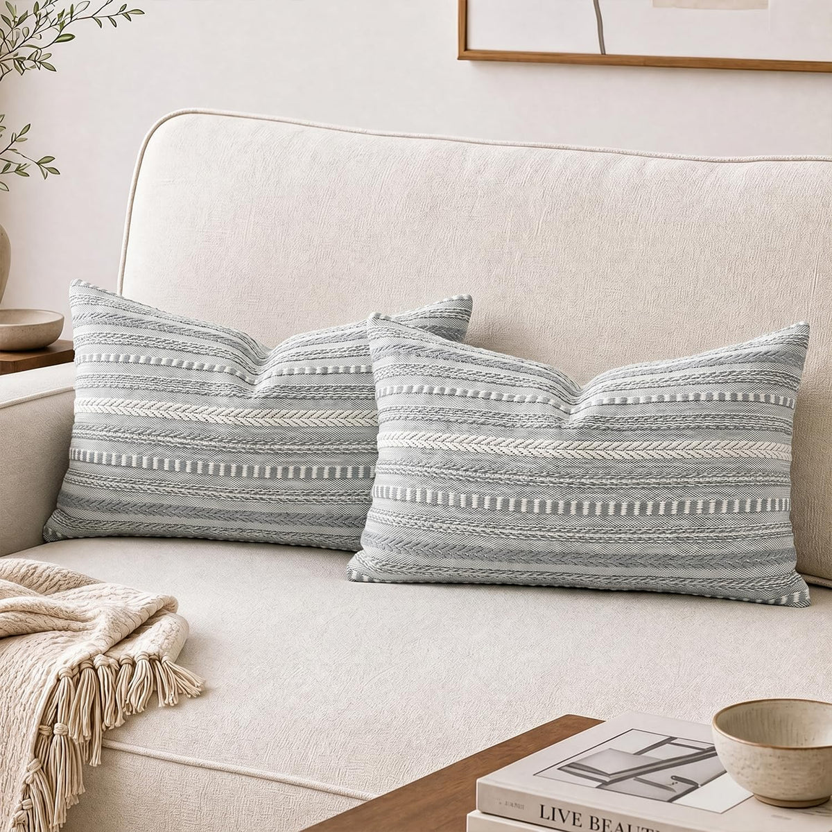 AVOIN colorlife Pink Boho Decorative Throw Pillow Covers Set of 2, 18 x 18 Inch Woven Stripe Textured Rustic Cushion Case Home Decor for Living Room Couch Sofa