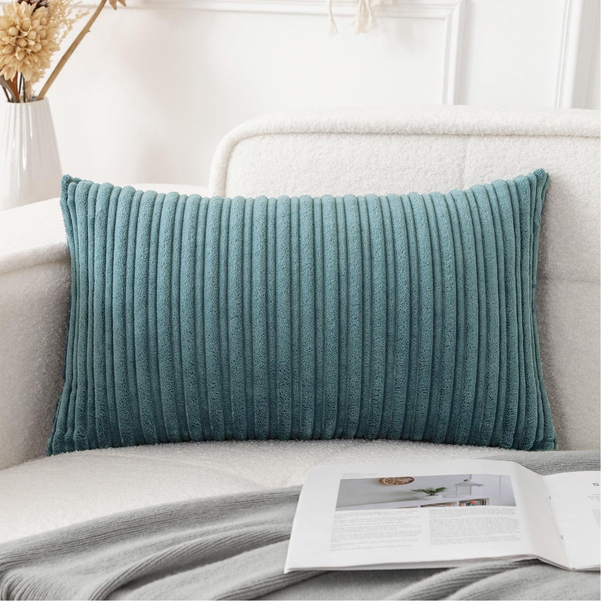 UGASA Velvet 12x20 Inch Lumbar Soft Throw Pillow Cover Boho Farmhouse Decorative Corduroy Striped Both Sides Solid Rectangular Cushion Case for Couch Bedroom Sofa Home, 1 Piece, Beige