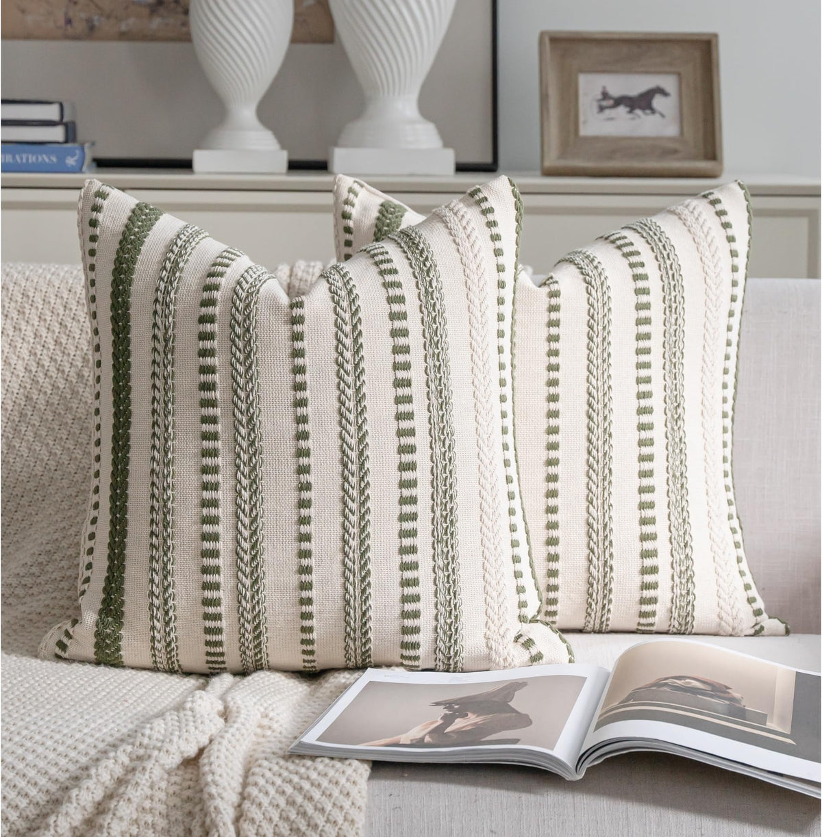 Cethom Blue and Beign Boho Throw Pillow Covers 18x18 Inch Set of 2, Stripe Textured Decorative Couch Pillow Cases for Bed, Sofa, Living Room, Bedroom, Farmhouse Home Accent Cushion Covers
