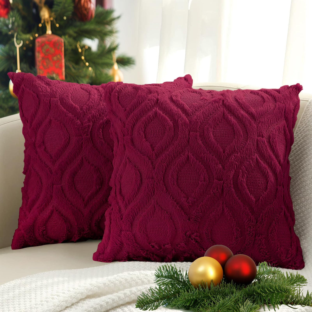 decorUhome Faux Fur Plush Soft Rust Throw Pillow Covers 18x18 Set of 2