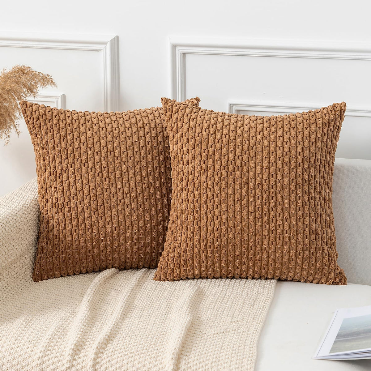 Kevin Textile Soft Corduroy 18x18 Inch Pillow Covers 2 Pack, Burnt Brick