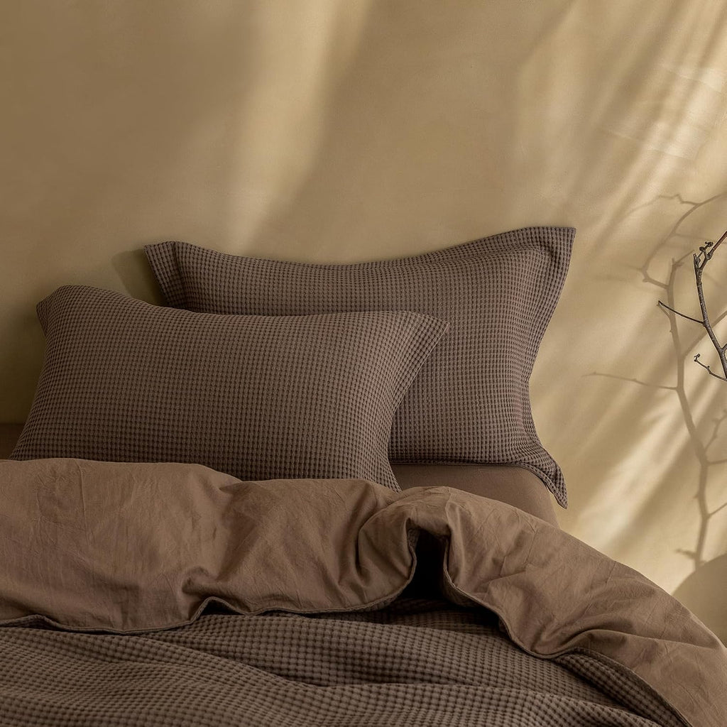3Pcs Brown Waffle Cotton Duvet Cover Set King 104 x 90