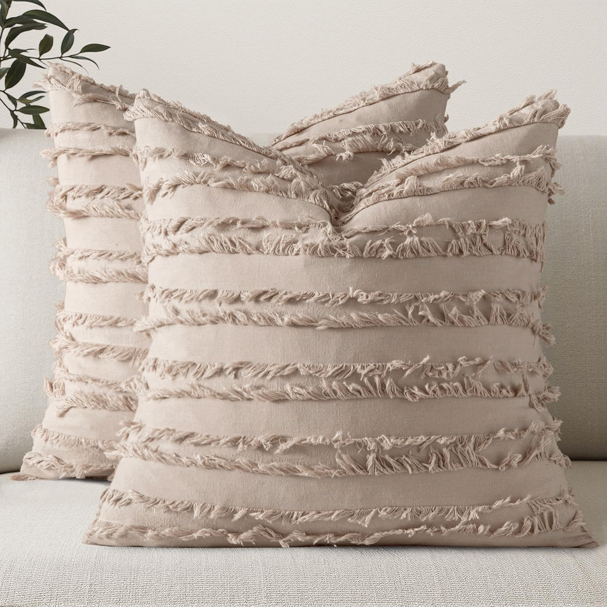 MIULEE Boho Linen Striped Throw Pillow Covers 18x18, Neutral Beige