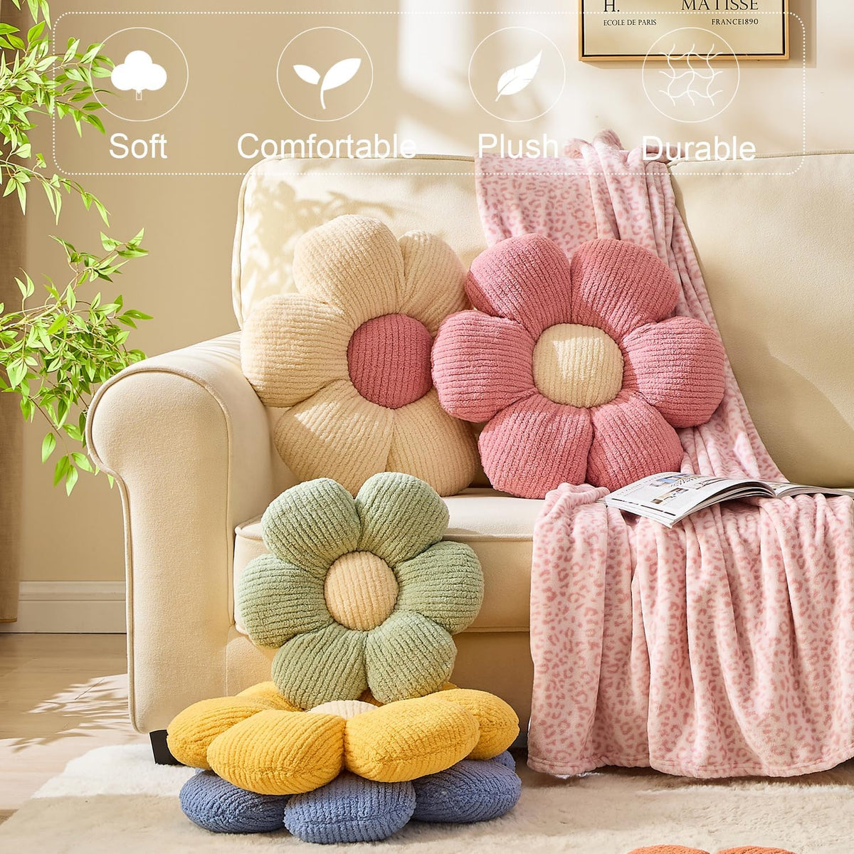 XIAIJIA Flower Pillow, Pink Daisy Throw Pillows, Flower Cushion 15.7 Inch
