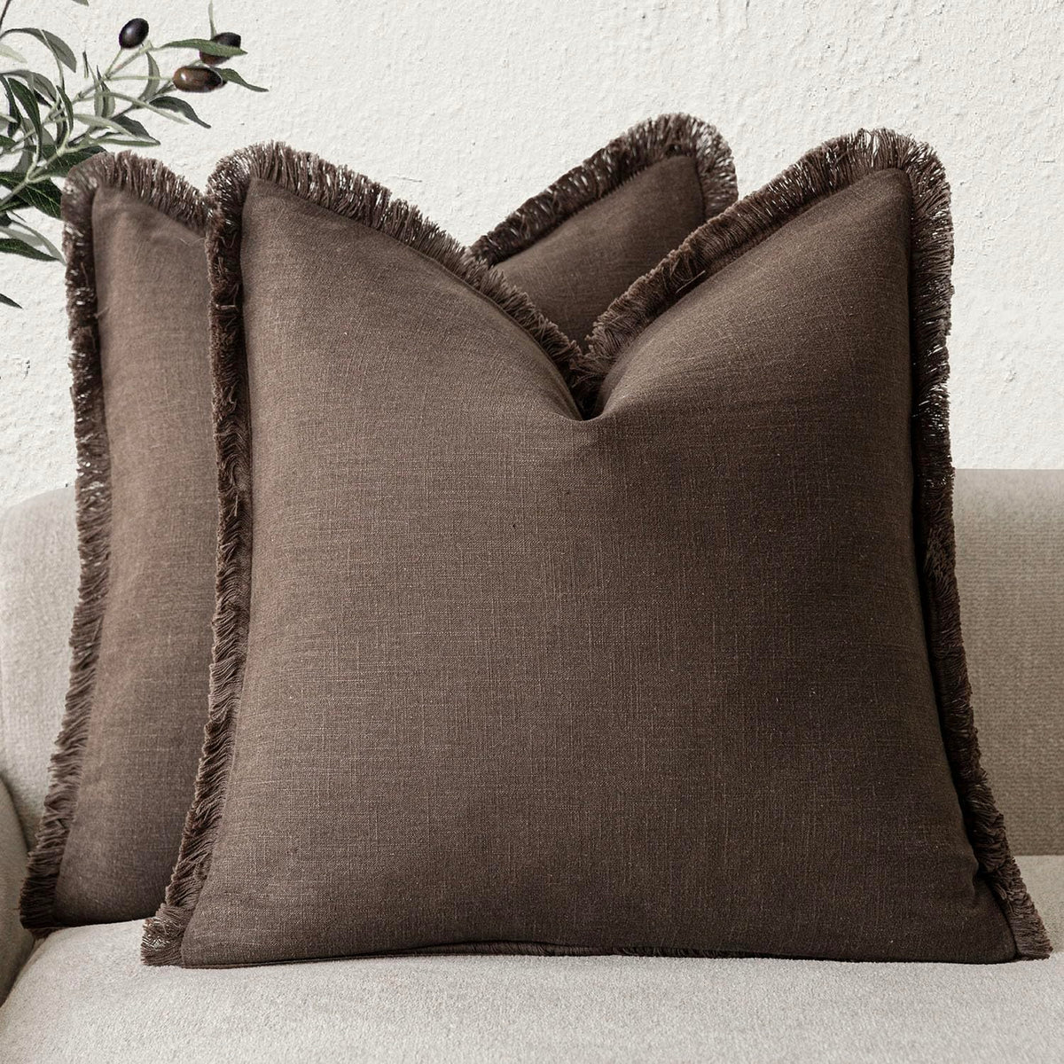Foindtower Decorative Linen Fringe Throw Pillow Covers 20×20 Olive Green