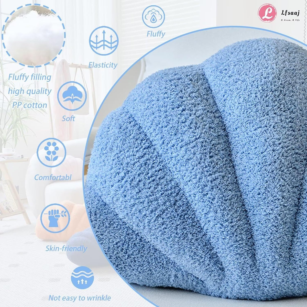 Lfsaaj Dusty Blue Seashell Throw Pillows, Shell Shaped Throw Pillows, 13 Inch Soft Home Decorative Pillow Plush Cushion for Bed Couch Living Sofa Room Decor Accent Throw Pillow