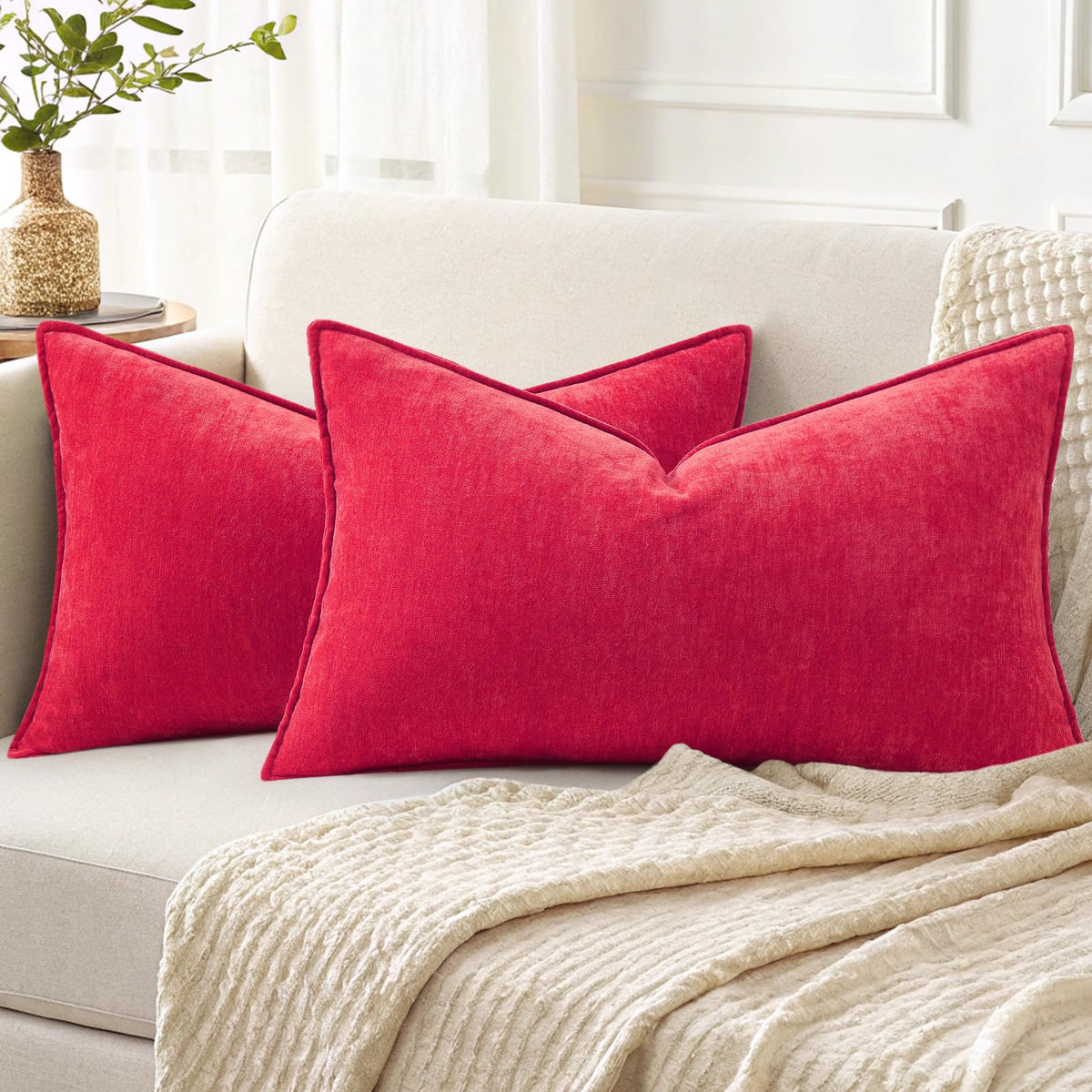 decorUhome Chenille Beige Velvet Throw Pillow Covers 20x20 Set of 2