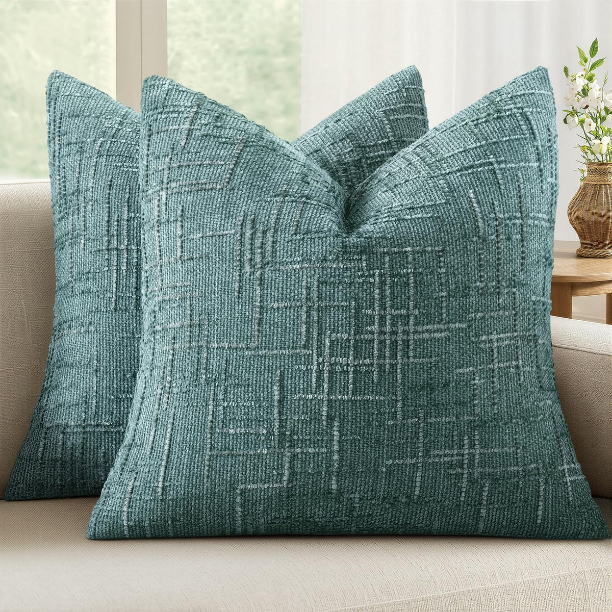 MIULEE Chenille Textured Throw Pillow Covers Cream White 20x20 Set of 2