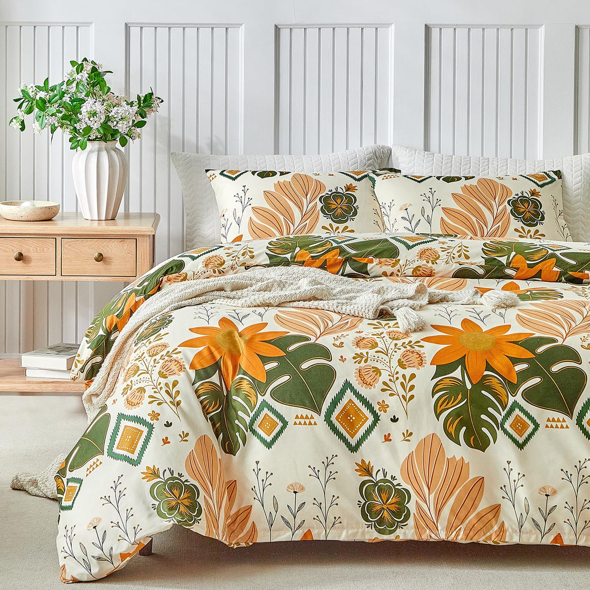 Lekesky Floral Duvet Cover Queen Size 3-Piece, Sage Green